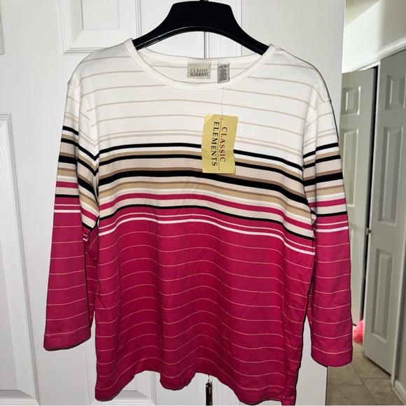 Classic Elements Tops - Classic Elements Women's L (14-16) Striped Knit Top 3/4 Sleeve Pink White Beige